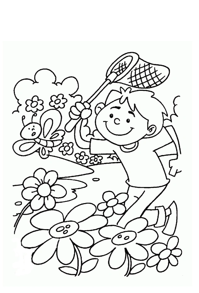 A boy is trying to catch a butterfly coloring page